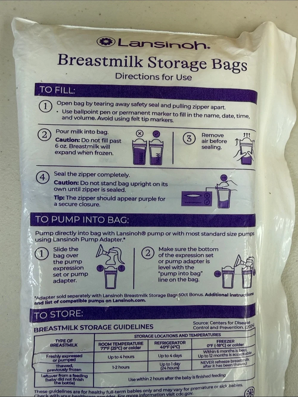 Lansinoh White Breastmilk Storage Bags with Instruction Labels new